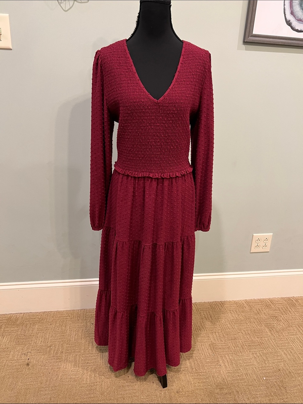 Daniel Rainn Burgundy Smocked V-Neck Tiered Maxi Dress